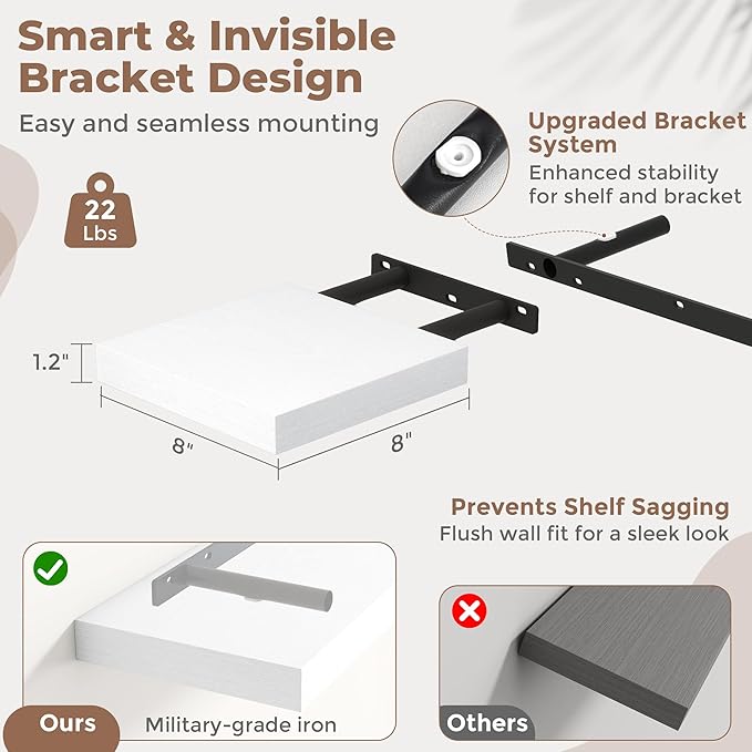 8 Inch Square Floating Shelves for Wall 3 Pack, 8