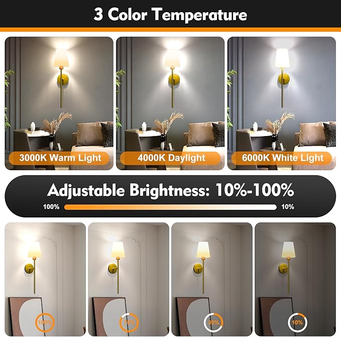 Battery Operated Wall Sconces Set of Two, Gold Wireless Wall Lights with 5200mAh Dimmable Bulbs and Remote, 12 Color Rechargeable Wall Sconce for Bedroom Living Room Hallway, 24 Inch