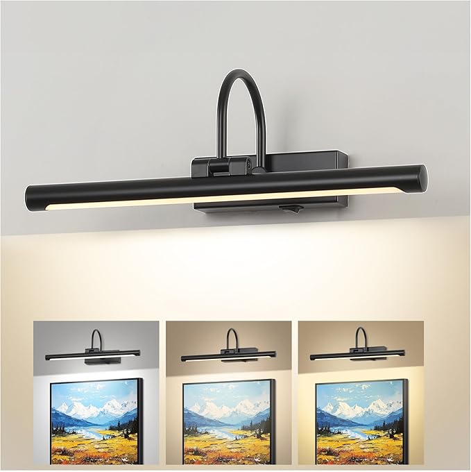 16"Rechargeable Picture Light for Wall Black Cordless Art Lights Battery Operated Dimmable Wall Light with Remote & Timer 3 Color Modes for Paintings Wall Light for Gallery Artwork Warm White