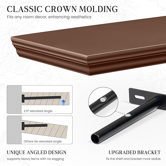 Fun Memories Floating Shelves 36 Inch Long, 9.3 Inch Deep Classic Crown Molding Floating Shelves for Wall, Rustic Wooden Shelves for Wall Decor Bathroom, Kitchen, Office, (Walnut, 2Pack)