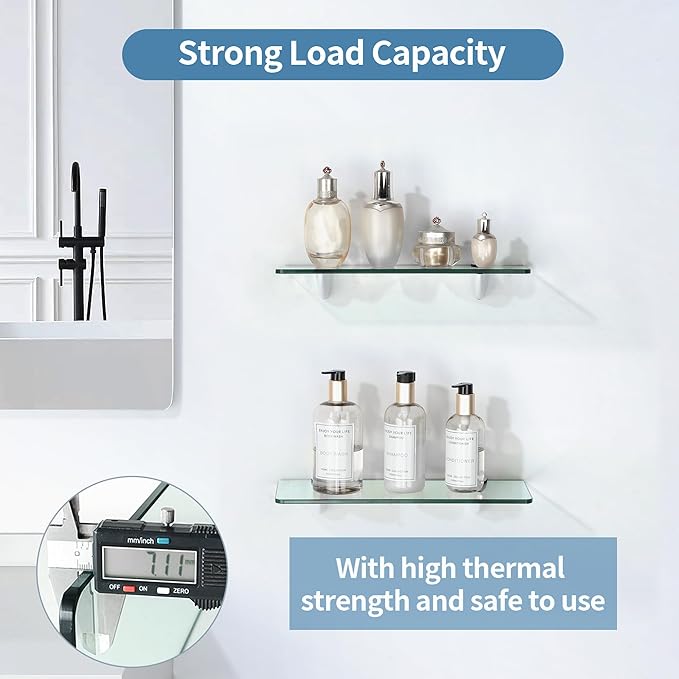 Alise Bathroom Glass Shelf, 15 Inch Floating Shelves, Tempered Glass Shower Storage, Wall Mount Small Glass Shelves for Bathroom, Showers, Over The Toilet