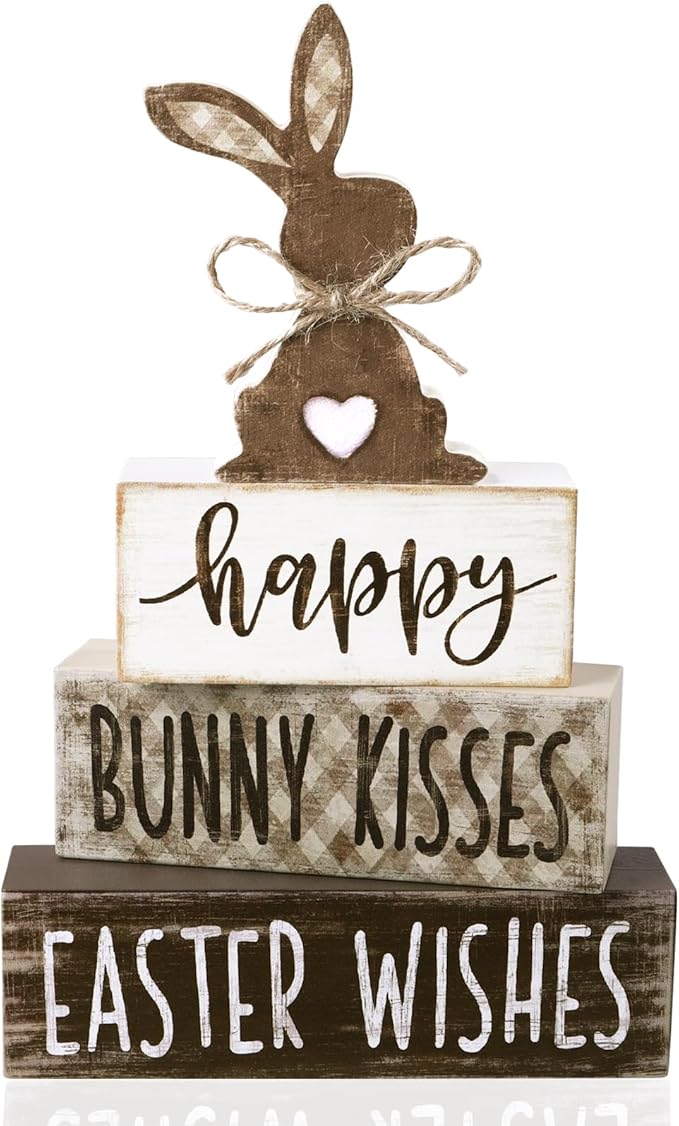 DIYDEC 4Pcs Easter Tabletop Decorations Bunny Wooden Block Signs Gift Rustic Tiered Tray Decor Happy Easter Centerpiece Farmhouse Wood Rabbit Table Sign for Kitchen Home Office Party Decor