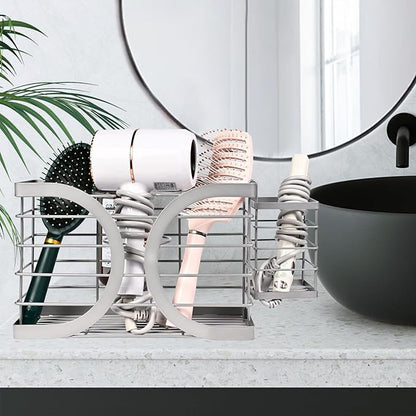 Elegant Light Gray Wall Mounted Hair Dryer Holder - Stylish Bathroom Organiser for Hair Dryer & Straightener, Hair Brush & Accessories