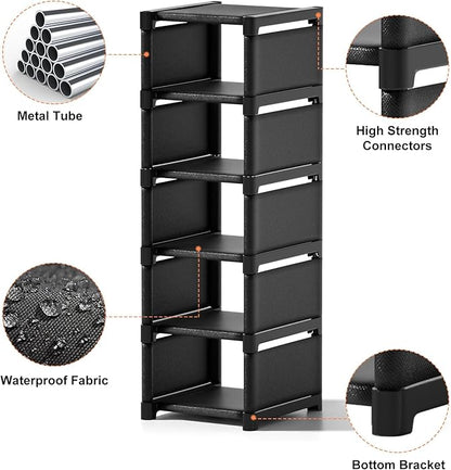 6-Tier Narrow Shoe Rack, Vertical Small Space Shoe Organizer, 9.84" Compact Slim Shoe Shelf for Closet & Entryway, Sturdy & Tool-Free Assembly, Adjustable Height for Boots