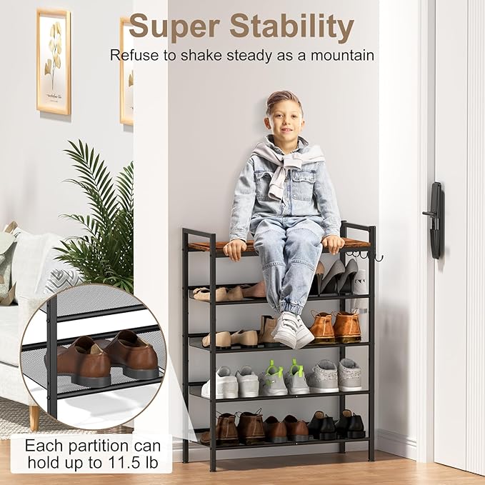 Refrze Shoe Rack for Front Door Entrance, 4 Tier Height-Adjustable Metal Shoe Rack, Sturdy Wooden Top and Tiltable Steel Frame Heavy Duty Shoe Organizer for Bathroom,Bedroom,Kitchen，Include Hook