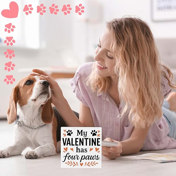 Valentines Cat Dog Desk Decor, Valentine's Day Gifts for Cats Dogs Lover Pet Parent, Home Office Table Sign Decoration for Shelf Tiered Tray, My Valentine Has Four Paws