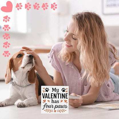 Valentines Cat Dog Desk Decor, Valentine's Day Gifts for Cats Dogs Lover Pet Parent, Home Office Table Sign Decoration for Shelf Tiered Tray, My Valentine Has Four Paws
