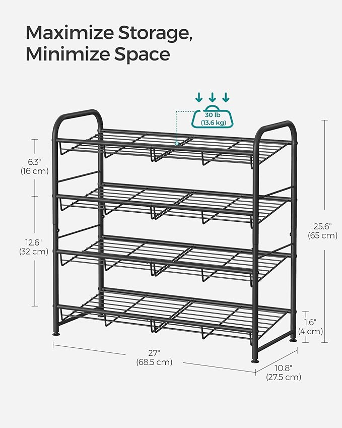 SONGMICS Stackable Shoe Rack, 4 Tier Metal Shoes Rack Storage Shelf, Holds up to 16 Pairs Shoes, Adjustable Slanted Shelves Shoe Tower Organizer for Closet Entryway Small Spaces, Black