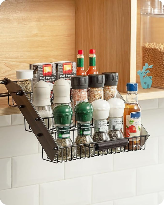 Baffect 3 Tiers Pull Down Spice Rack, Pull Out Spice Organizer for Inside Cabinets, Drop Down Spice Shelf with Spring Buffer Device for Kitchen Upper Cabinet（Black）
