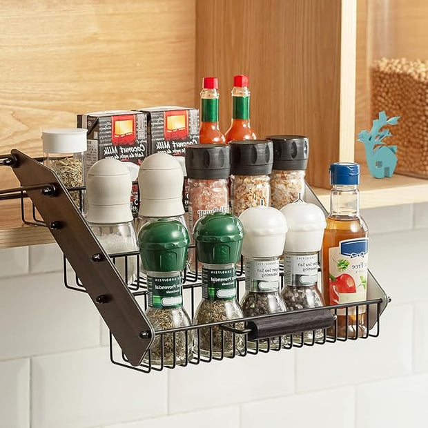 Baffect 3 Tiers Pull Down Spice Rack, Pull Out Spice Organizer for Inside Cabinets, Drop Down Spice Shelf with Spring Buffer Device for Kitchen Upper Cabinet（Black）