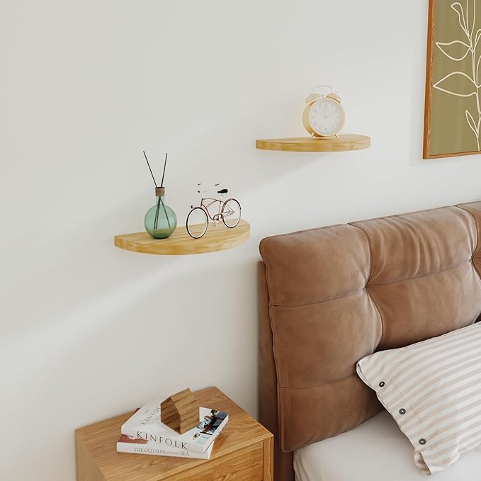 Small Floating Shelves for Wall Set of 2, Rustic Solid Pine Half Round Wood Walll Mounted Shelves for Bedroom Living Room Bathroom Kitchen Office and Plants Wall Decor (2, Primary Color)