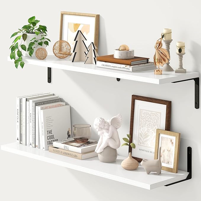 Fun Memories Deep Floating Shelves, 36W x 8D Floating Shelves Set of 2, Wall Mounted Shelf with Metal Brackets, Rustic Wood Wall Shelf for Bathroom, Kitchen and Living Room, White