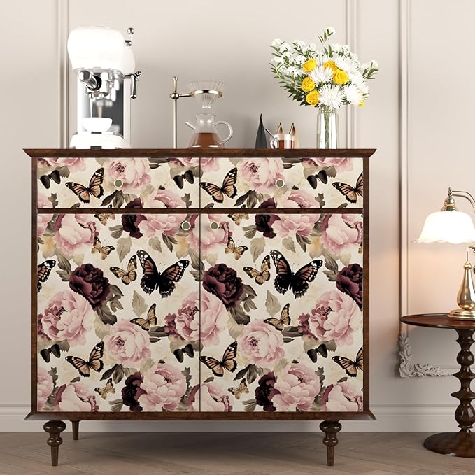 Butterfly Floral Wallpaper Peel and Stick, Vintage Beige/Pink Contact Paper 17.5" x 393", Boho Flower Wall Paper Self Adhesive Waterproof Removable for Bathroom Shelves Cabinet Drawer Table Decor