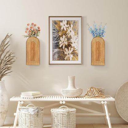 2 Pack Wall Decor Wood Wall Planters for Indoor Plants, Modern Wall Planter for Bathroom, Living Room, Kitchen Decor, Farmhouse Wood Vase for Decor Dried Flowers and Faux Greenery (Rustic Brown)