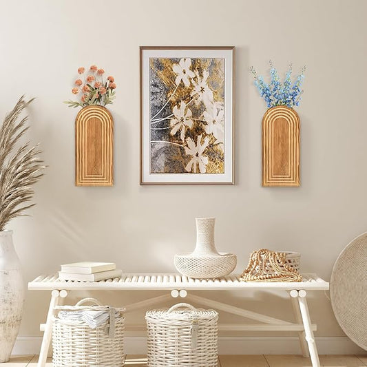 2 Pack Wall Decor Wood Wall Planters for Indoor Plants, Modern Wall Planter for Bathroom, Living Room, Kitchen Decor, Farmhouse Wood Vase for Decor Dried Flowers and Faux Greenery (Rustic Brown)