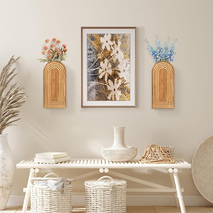 2 Pack Wall Decor Wood Wall Planters for Indoor Plants, Modern Wall Planter for Bathroom, Living Room, Kitchen Decor, Farmhouse Wood Vase for Decor Dried Flowers and Faux Greenery (Rustic Brown)