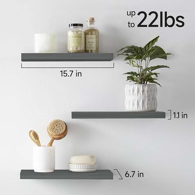 BAYKA Grey Floating Shelves for Wall, Wall Mounted Rustic Wood Shelves for Bathroom, Bedroom, Living Room, Kitchen,Small Hanging Shelf for Books/Storage/Room Decor (Set of 3, 15.7in)