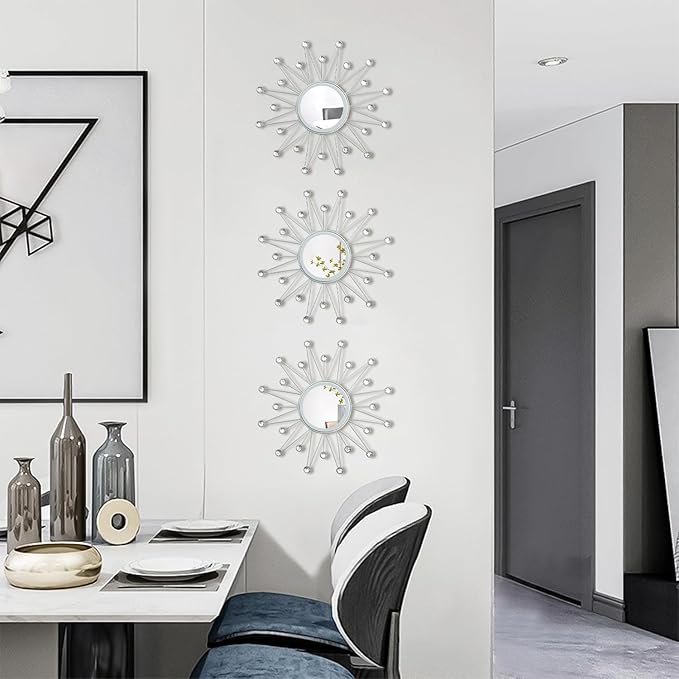 Uaussi 3 Pack Crystal Sunburst Wall Mirror Décor Rhinestone Mirrors Decorative Home Wall Art for Living Room Bedroom Entryway(Triangle Burst Silver)