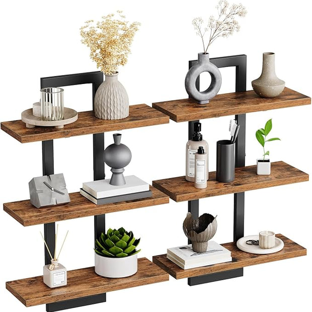 HOOBRO Floating Shelves, Set of 2 Wall Shelves, 3-Tier Wall Mounted Storage Shelves, Hanging Bathroom Shelves, for Living Room, Bedroom, Bathroom, Kitchen, Rustic Brown and Black BF31BJP201