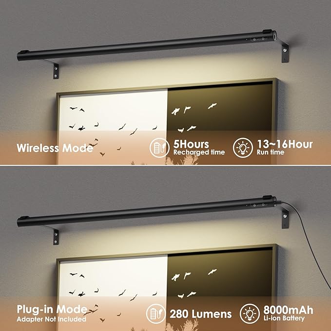 Battery Operated Wireless Picture Light，Rechargeable/Plugged in 31.5inch Painting Display Light,Remote Control Wall Lights with Three Modes and Timing for Art Frame (Black)