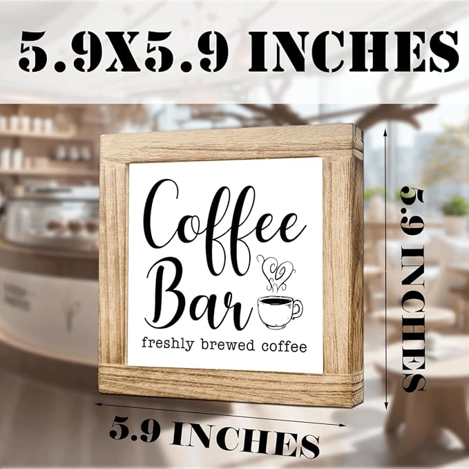 Vintage Coffees Bar Signs Coffee Bar Freshly Brewed Farmhouse Cafe Sign Handcrafted Wood Sign Rustic Cafe Style Wall Decor For Kitchen Office Display Perfect Coffee Lover Gift Square Wood 5.9x5.9 Inch