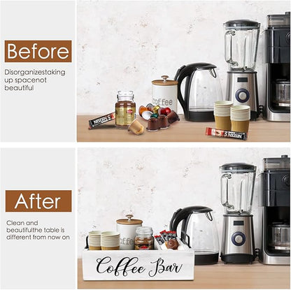 Coffee Station Organizer Wooden Coffee Bar Holder Accessories for Countertop, Farmhouse Kcup Pod Storage Basket with Handle - White