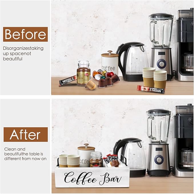 Coffee Station Organizer Wooden Coffee Bar Holder Accessories for Countertop, Farmhouse Kcup Pod Storage Basket with Handle - White