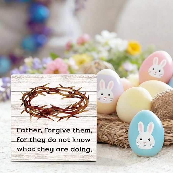 Christian Sign Christian Jesus Decor Decorations Rustic Farmhouse Religious Table Decorations Gifts for Women Home Office Desk Table Shelf Decor Father Forgive Them Sign 5 X 5 Inch