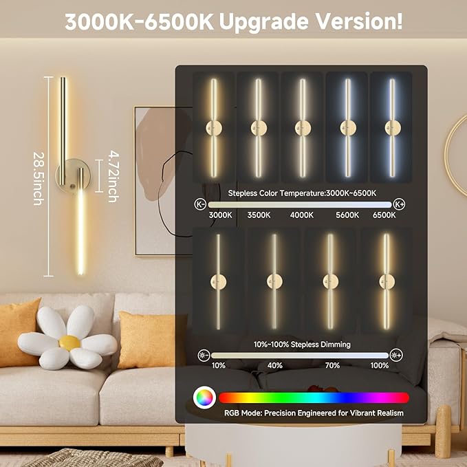 Battery Operated Wall Sconce Set of Two,Wireless Magnetic Wall Lights with Remote, 360°DIY Rotatable 5CCT Dimmable with Timer,RGB Cordless Wall Gold Sconces Decor for Vanity Bedroom Hallway 10000mAh