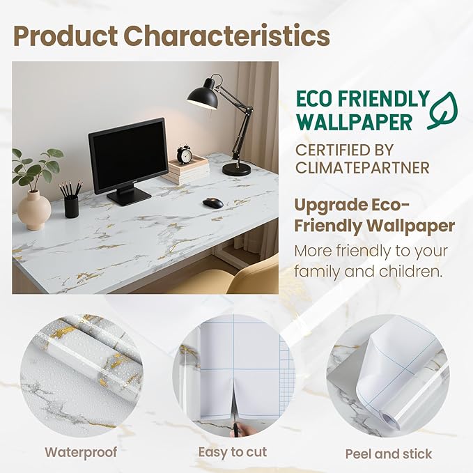 practicalWs Glossy Marble Wallpaper Peel and Stick White/Gold Granite Contact Paper Removable Wall Paper for Kitchen Countertop Cabinet Furniture 23.6