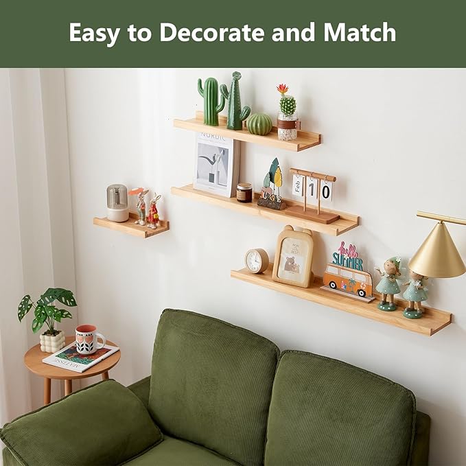 Wood Floating Shelves Set of 2 Pine Wood Wall Shelf 16 inches, Floating Shelf for Wall Mounted - Upgrade Width 5.85", Floating Display Shelves for Living Room Bedroom Kitchen Bathroom, Natural