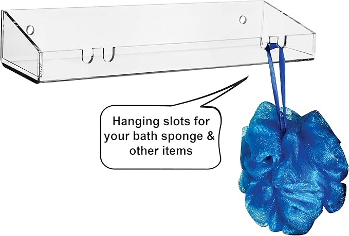 AMT 2 Pack Acrylic Floating Shelves, 15"L x 4.8"W, Clear Bathroom Wall Shelves, Bookshelves, Invisible Shelf For Office, Bedroom, Kitchen, Design with Hanging Slots for Sponge, Free Screws & Drill Bit