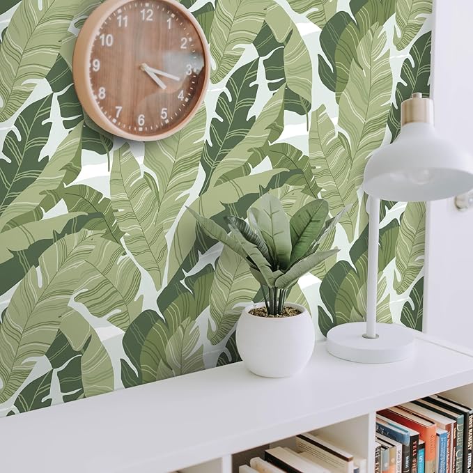 Peel and Stick Wallpaper Green Leaves Tropical Palm Wallpaper 16.1" × 118" Contact Paper Removable Self-Adhesive Wall Paper Decorative Shelf Drawer Liner Roll Waterproof