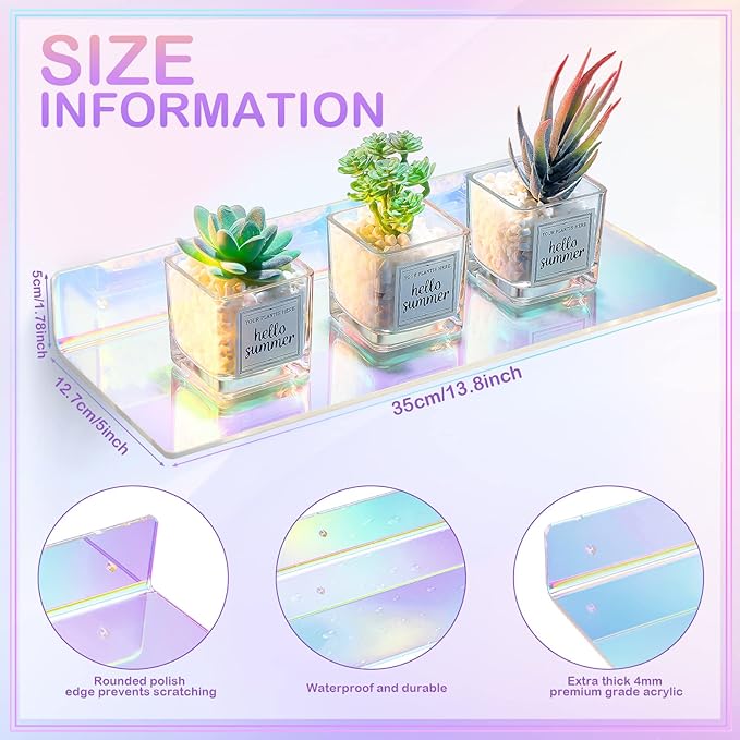 Rainbow Iridescent Acrylic Shelves Floating Wall Ledge Bookshelf Wall Mounted Shelf Display Organizer for Kids Room Bathroom Bedroom Living Room Nursery Office Kitchen (2 Pieces)