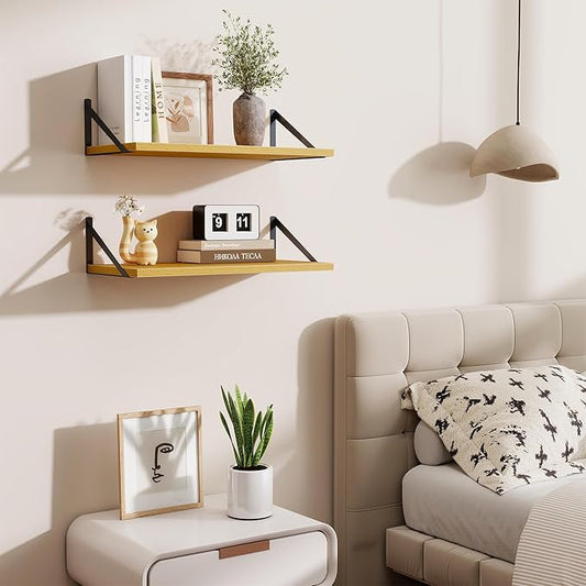 Deep Floating Shelves,24" Wx10 D Floating Shelf for Wall Set of 2,Hanging Storage Shelf with Metal Brackets,Wide Display Wall Shelves for Living Room,Bedroom,Bathroom,Kitchen,Oak