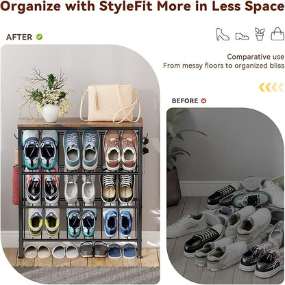 4 Tier Narrow Shoe Rack, Slanted Metal Shoe Organizer with Wooden Top and Metal Frame-Shoe Storage Shelf for Entryway, Closet, Rustic Brown and Black