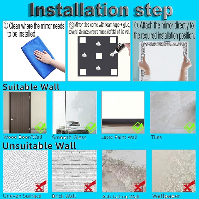 Crush Diamond Mirrors Wall Decor 6inch Mirror Tiles for Crafts, 8 Pack Square Silver Diamond Glass Mirrors for Home Wall Decor, Mosaics DIY.