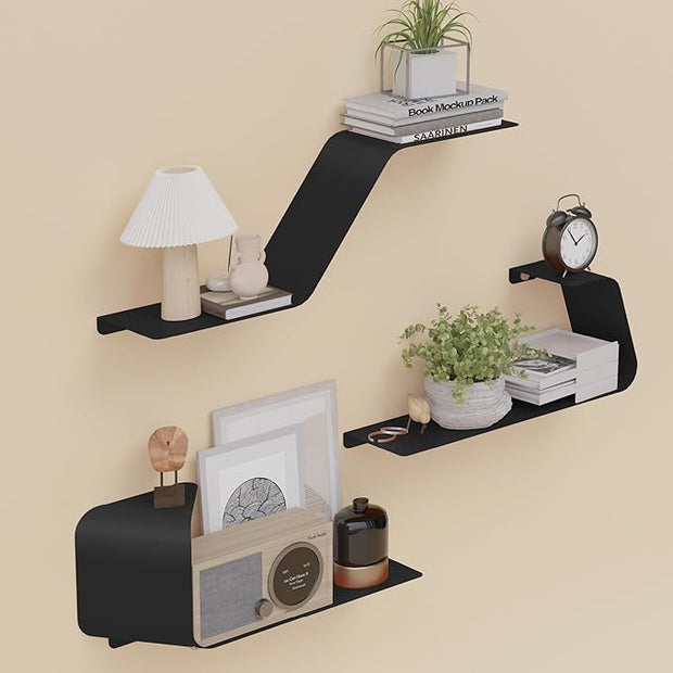 Floating Shelves, Set of 3 Wall Mounted Metal Shelves with Unique Design for Wall Storage, Book Shelf, Display Shelves for Bathroom Bedroom Kitchen Living Room, Black