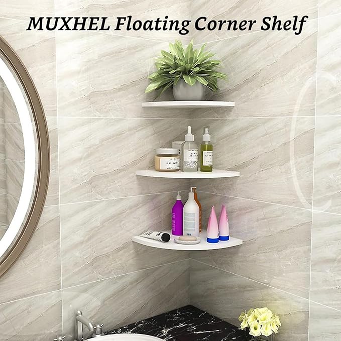 4 Pcs Floating Corner Shelf with Mounting Accessories, Wooden Round Corner Wall Shelves, Wall Mounted Corner Storage Shelf for Bathroom, Bedroom, Living Room (White)