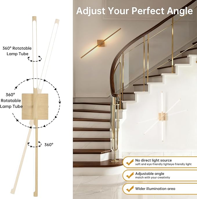 Battery Operated Wall Sconce Set of 2, 10400mAh Rechargeable Wall Sconces, 3000K-6000K Dimmable, 350°Rotate, Indoor Wall Lights for Bedroom Living Room, Original Wood, 31.5 Inch