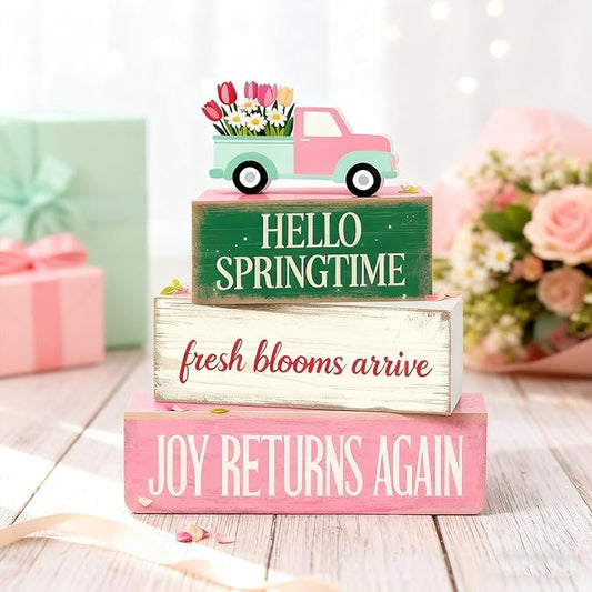 Spring Decoration Wooden Tiered Tray Decor – Floral Spring Truck Stacked Block Sign with Tulip Pickup Topper – Farmhouse Tabletop Spring Decor for Living Room Shelf Seasonal Home Display