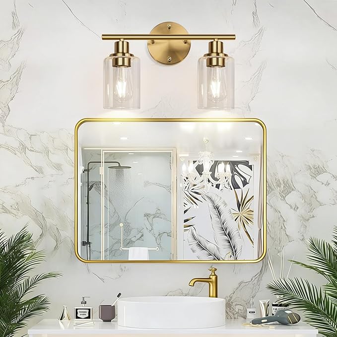 2-Light Bathroom Light Fixtures, Brushed Gold Vanity Light, Modern Vanity Lights with Clear Glass Shade, Bathroom Wall Lamp for Mirror Kitchen Living Room Hallway Cabinet Porch