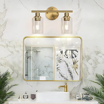 2-Light Bathroom Light Fixtures, Brushed Gold Vanity Light, Modern Vanity Lights with Clear Glass Shade, Bathroom Wall Lamp for Mirror Kitchen Living Room Hallway Cabinet Porch