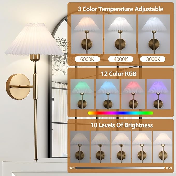 Rechargeable Wall sconces Set of Two,Battery Operated Wall sconce with Remote Control,Wireless Wall lights Dimmable,15 Color Changing,Gold Battery Wall Lamp no wiring for Bedroom Living Room Hallway