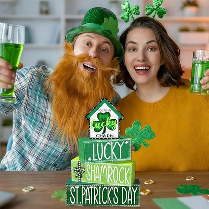 DIYDEC 4Pcs St.Patrick's Day Table Decoration Shamrocks House Wooden Block Signs Rustic St. Patrick Tiered Tray Decor Happy St.Patrick's Day Centerpiece Sign for Farmhouse Holiday Tabletop Party Decor