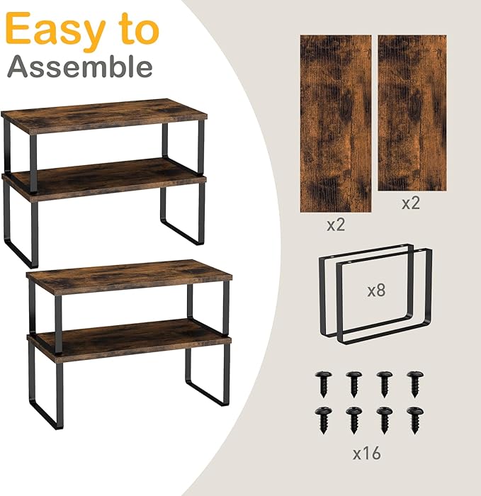 Cabinet Shelf Organizers, 15.7 inches Large Kitchen Counter Shelf, Set of 4 Wood Kitchen Pantry Organizer, Storage Shelves for Countertop, Spice Rack, Stackable, Expandable, Metal Black, Brown