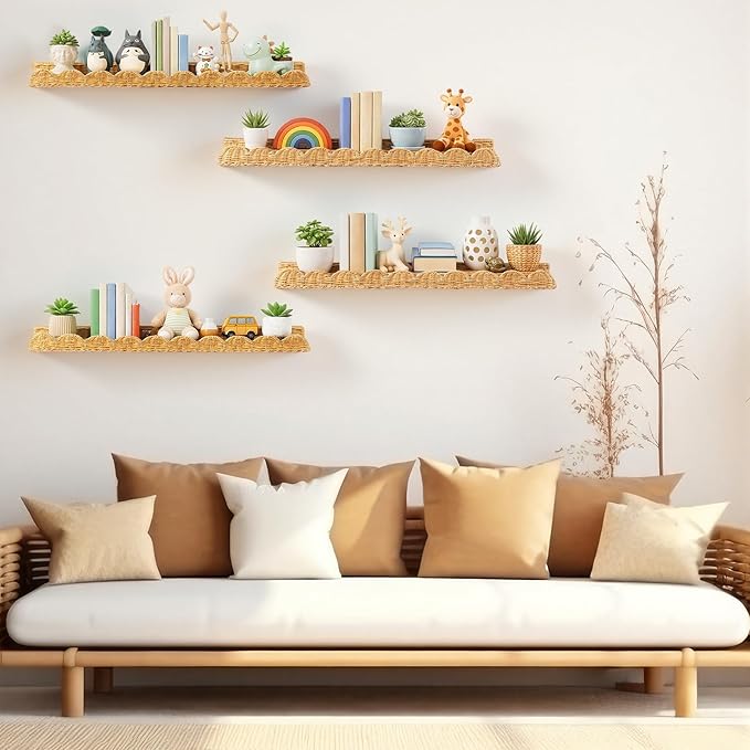 Pinkunn 4 Pcs Nursery Book Shelves 35.4 Inch Rattan Scalloped Floating Bookshelves Wicker Boho Book Shelf for Wall Mounted Decor Nursery Rooms Hanging