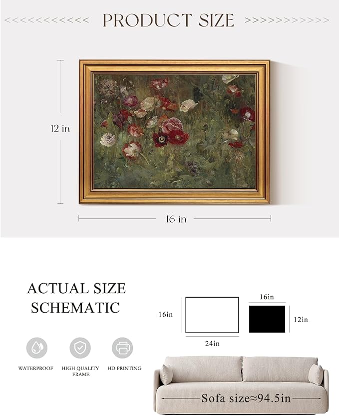 VIYYIEA Gold Framed Canvas Art Prints,12x16Inch, Poppy Field Art Painting, Retro Vintage Decor for Kitchen Bedroom Bthroom Living Room shelf, Farmhouse Country Cottage Floral Picture