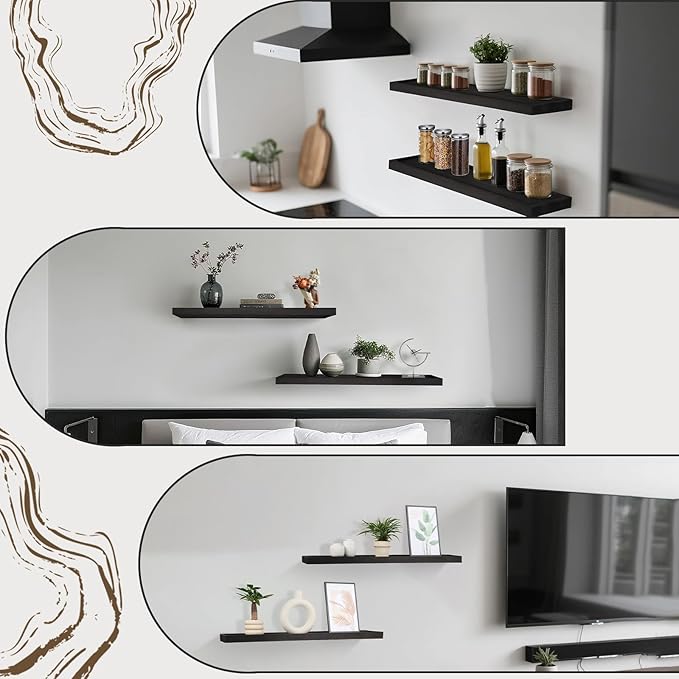 Solid Wood Floating Shelves for Wall 36 inch Bathroom Hanging Wall Shelves Set of 2 for Living Room Bedroom Kitchen Farmhouse 36x6.7 inch - Black