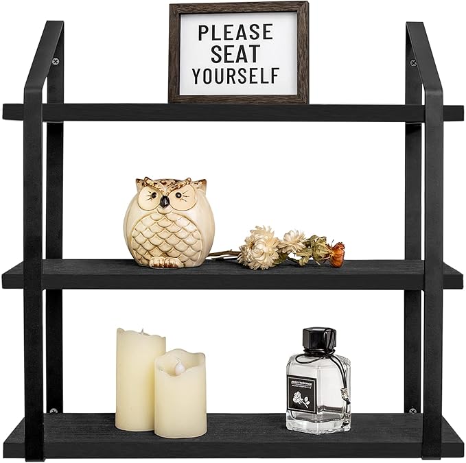 Mkono Floating Wall Shelves 3 Tier Rustic Hanging Shelf with Metal Bracket Wall Mount Wood Storage Display Shelves for Living Room Bathroom Bedroom Kitchen Office,Black